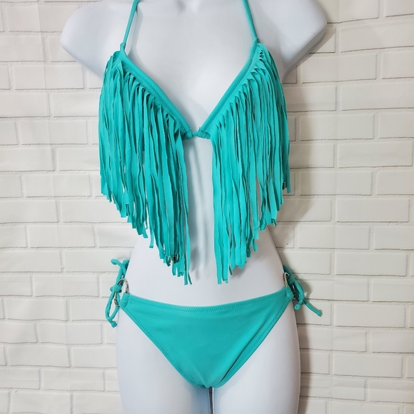 Sheridyn Swim Tuquoise Vlue Green Fringe Western Bikini - Picture 3 of 16